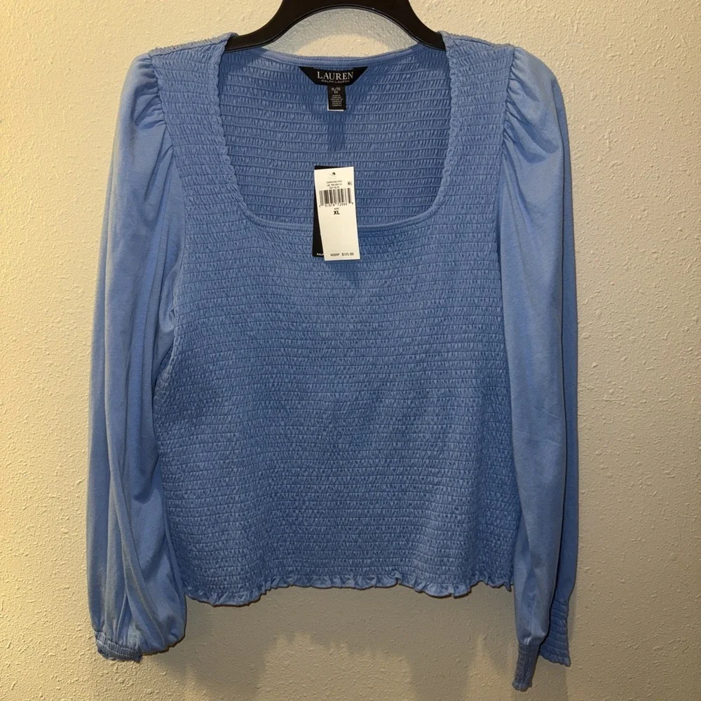 Lauren RALPH LAUREN Square Neck Smocked Blouse Sky Blue Size XL Stretchy NWT